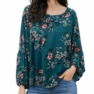 Boutique Blouse Women's Plus Size 3X Green Floral Long Sleeve Boho Office Casual